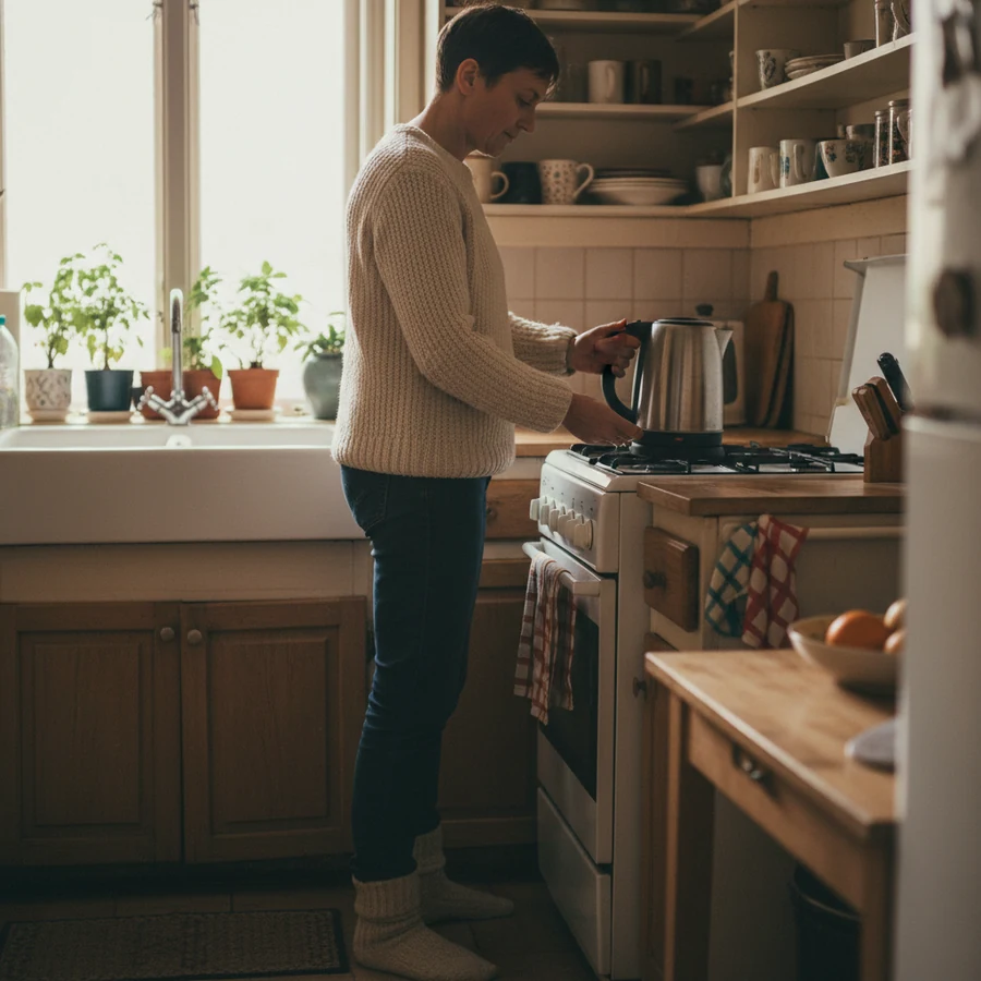 A calm morning routine - putting the kettle on - that helps lower stress for everyday ear comfort with AudiVax