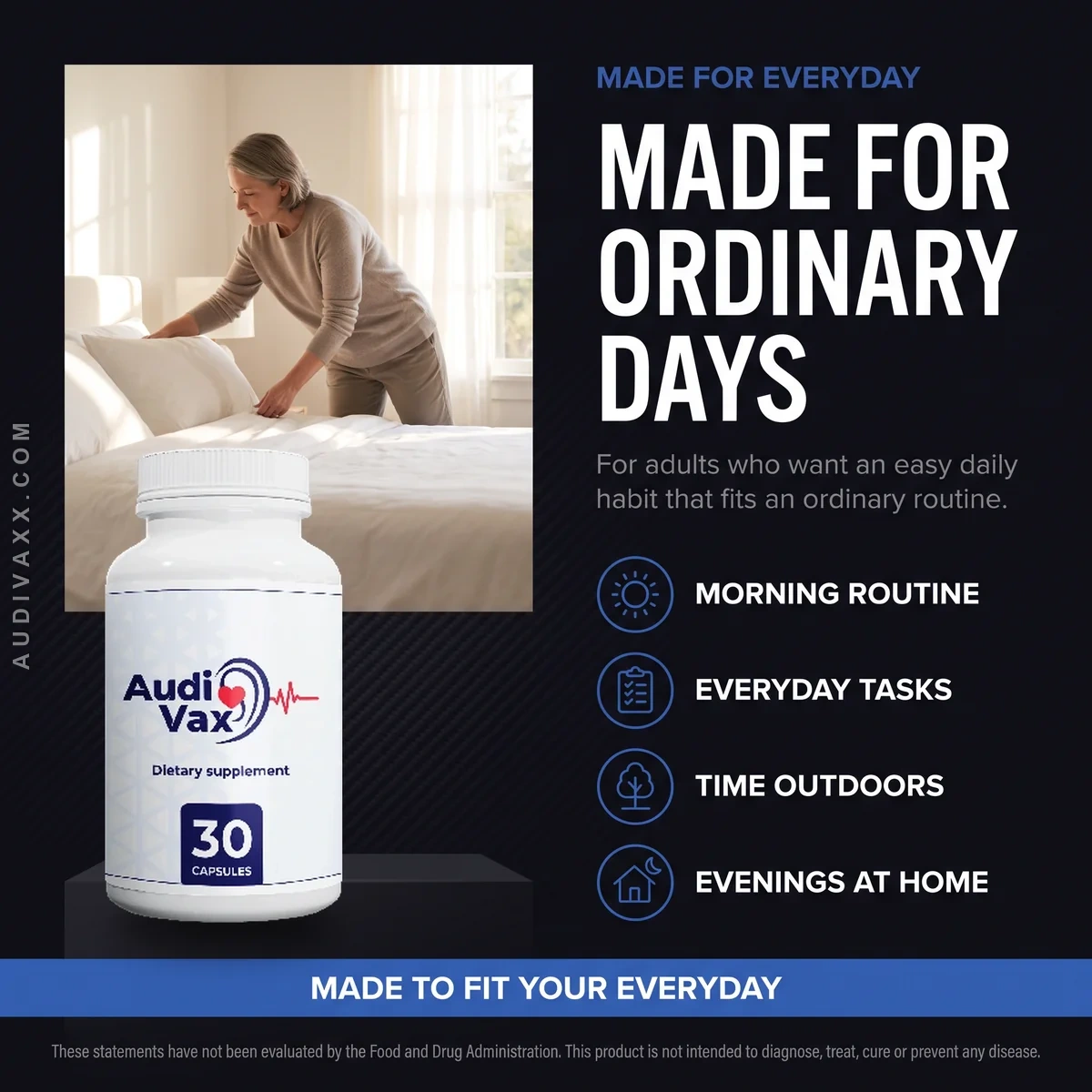 AudiVax is made for ordinary days: adults supporting their hearing and ear wellness through calm daily routines