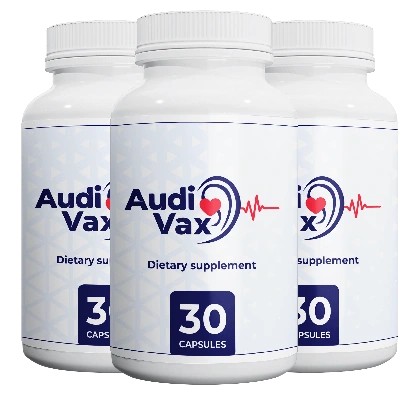 AudiVax hearing support capsules, available in 1, 3 and 6-bottle packages